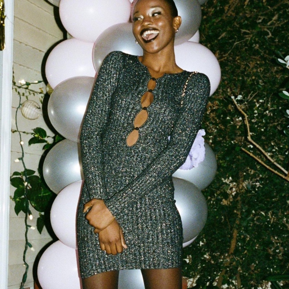 NWT Urban Outfitters Ribbed Sweater Dress Black Knit Minidress Metallic Ballet
